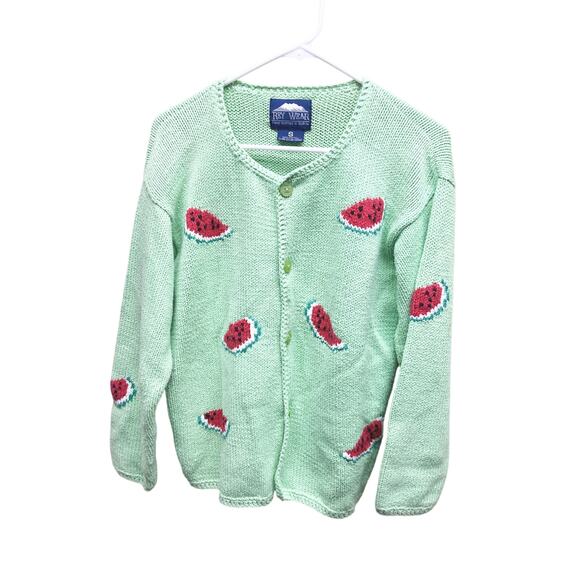 Vintage Mint Green Watermelon 🍉 Sweater Size S Cotton Button Front Cardigan - Picture 1 of 6
